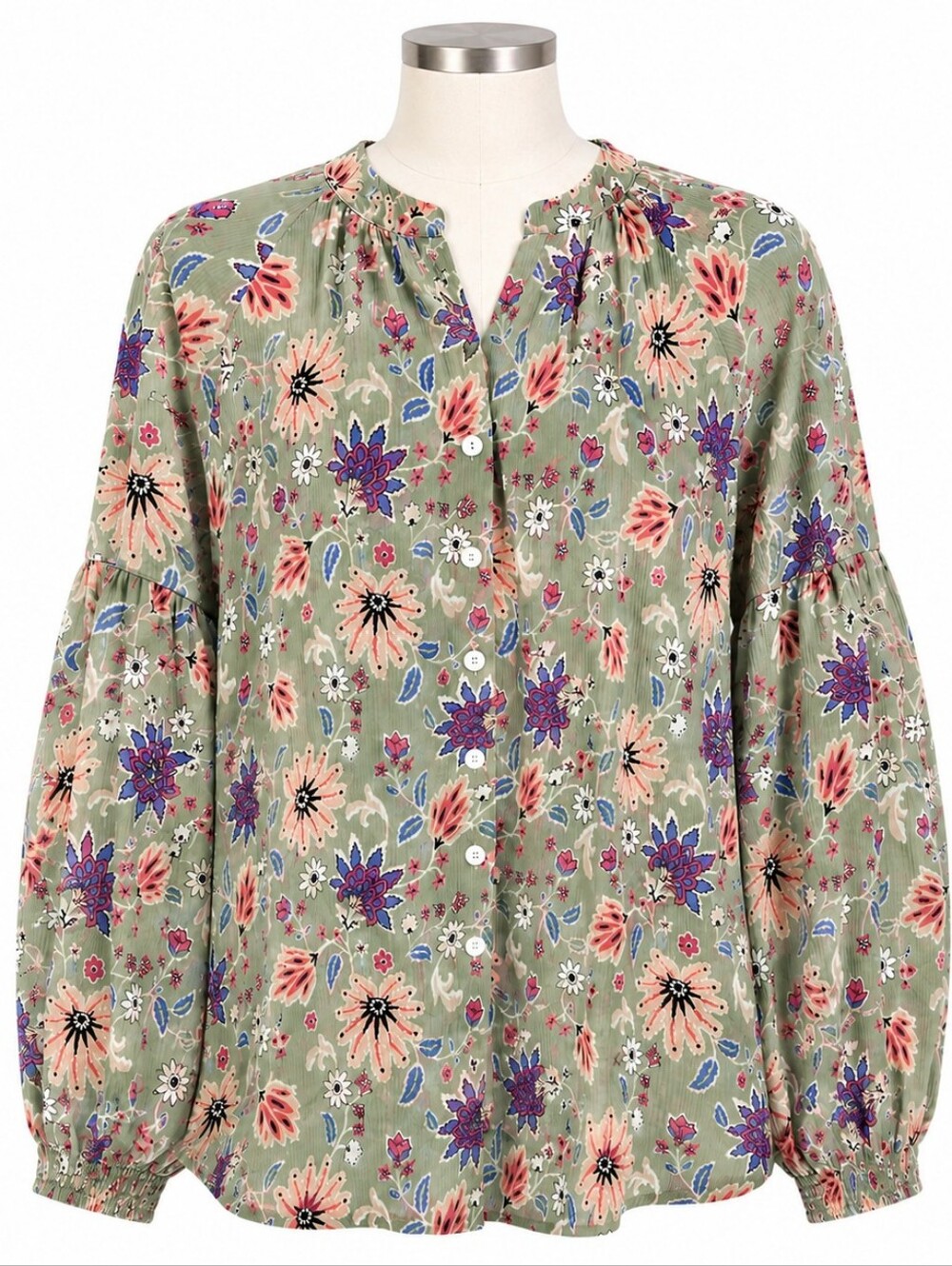 Olivia James The Label Floral Blouse Top Olive Green Pink XS NWT Long Sleeve